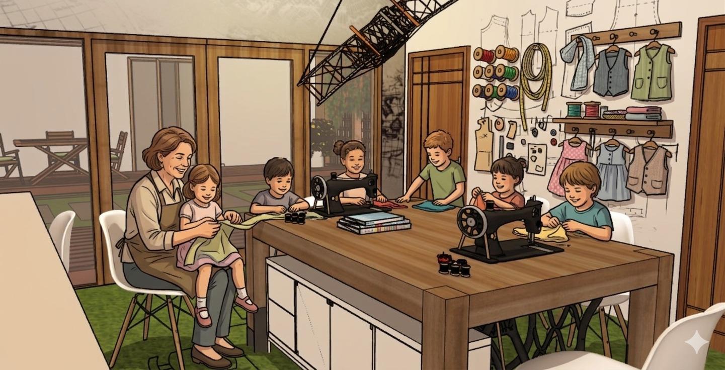 Children learning to sew at the Zero Waste Cooperative