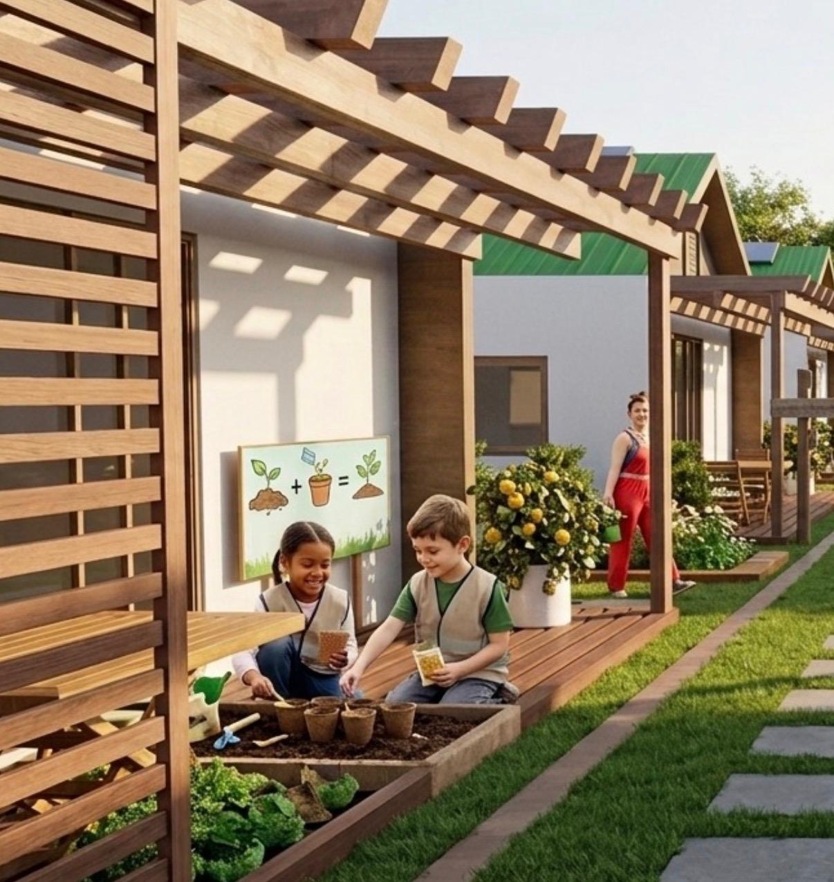 Children planting seeds under a wooden pergola
